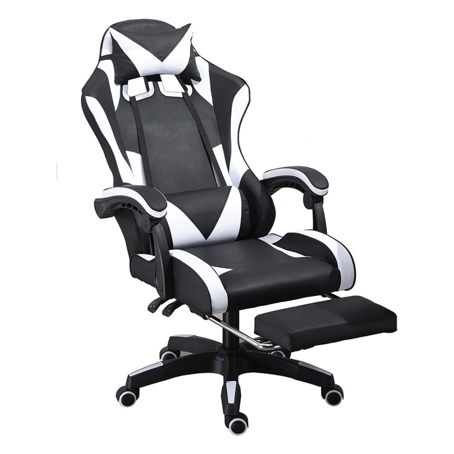TX Gaming Chair Sport 180° Tilt With Footrest– White/Balck