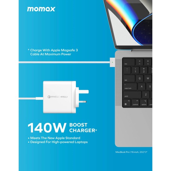 Momax ONEPlug 140W 3-Port GaN Charger (UK) - White