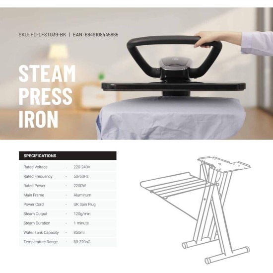 Porodo Steam Press Iron with Foldable Stand with 5 Ironing Levels, Voice Control and 850ml Tank