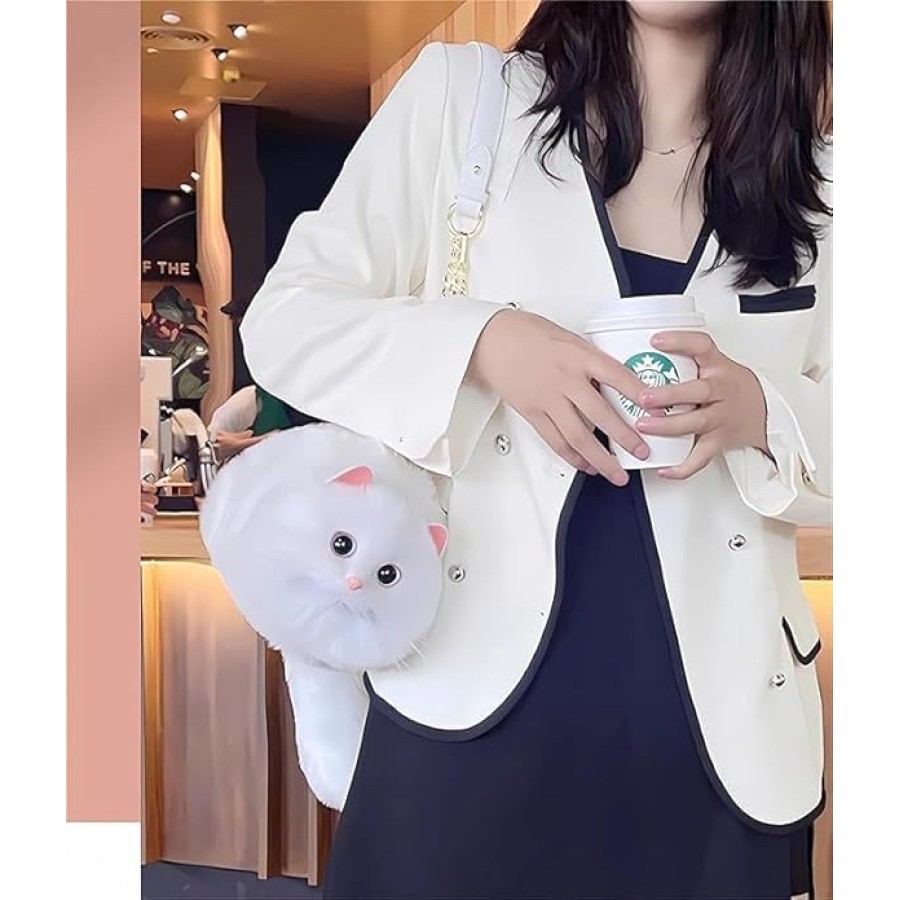 Fluffy Cat Shaped Handbag - White