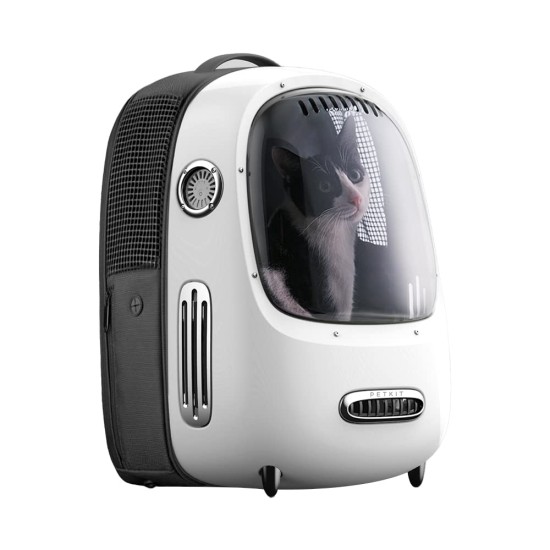 Breezy Cat Carrier Backpack with Tinted Window, Ventilation, and Built-In Fan - White