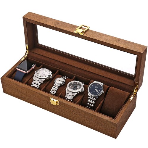 6 Slot Brown Wooden TRAVEL Watch Box Leather Watch Box Display Case