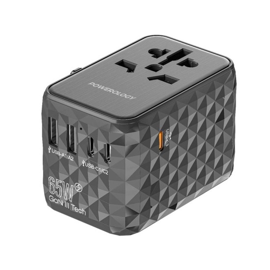 Powerology Universal Multi-Port Travel Adapter PD 65W ( 3X Type-C / 2X USB-A Ports )