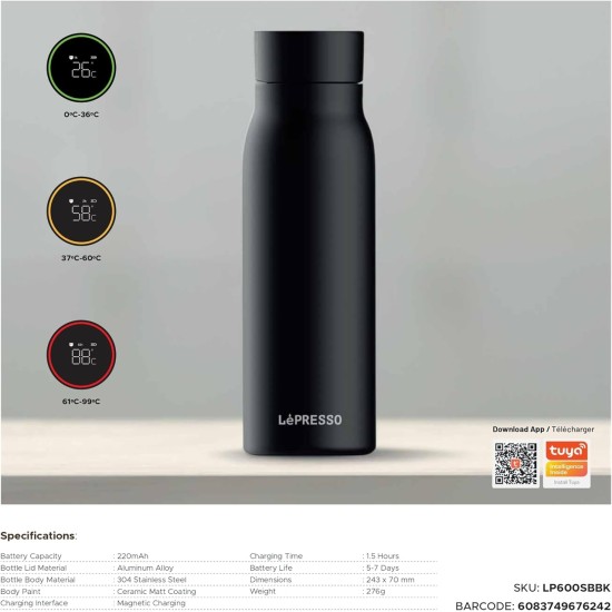 LePresso 600ml Smart Hydration Vacuum Bottle