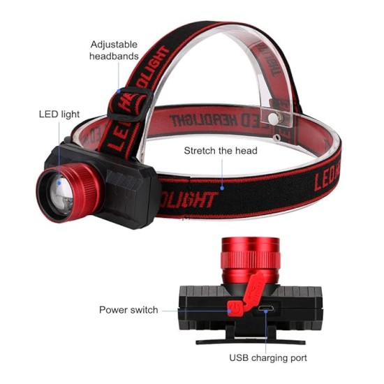 Q5 LED Headlamp USB Rechargeable Headlight Zoomable Head Torch Lamp Flashlight