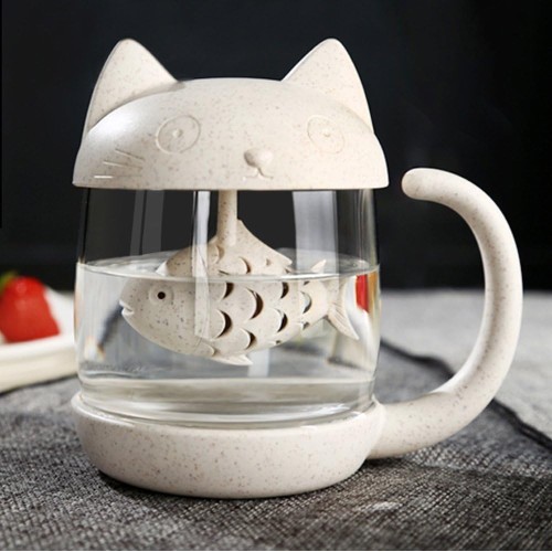 Cute Cat Glass Cup Tea Mug With Fish Tea Infuser Strainer Filter