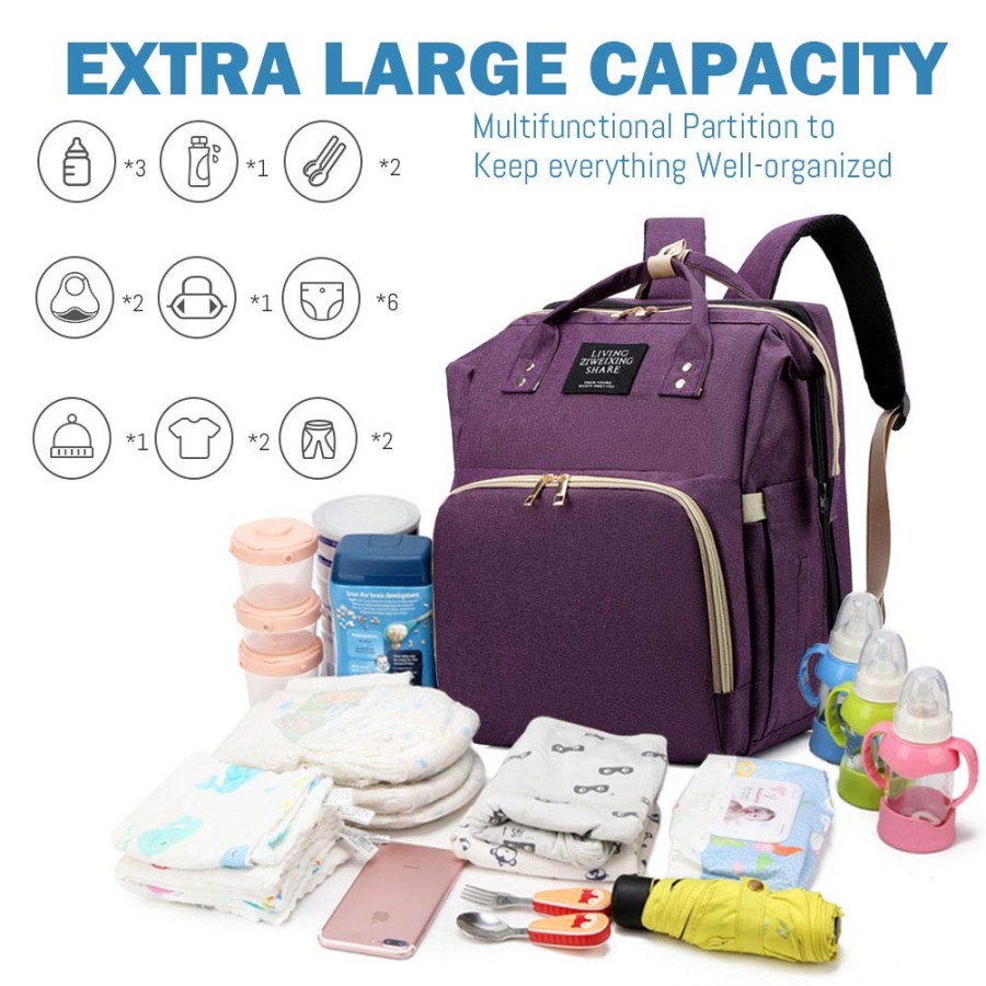 Large Capacity Diaper Bag Backpack - 6-in-1 Travel Bag for Parents - Purple