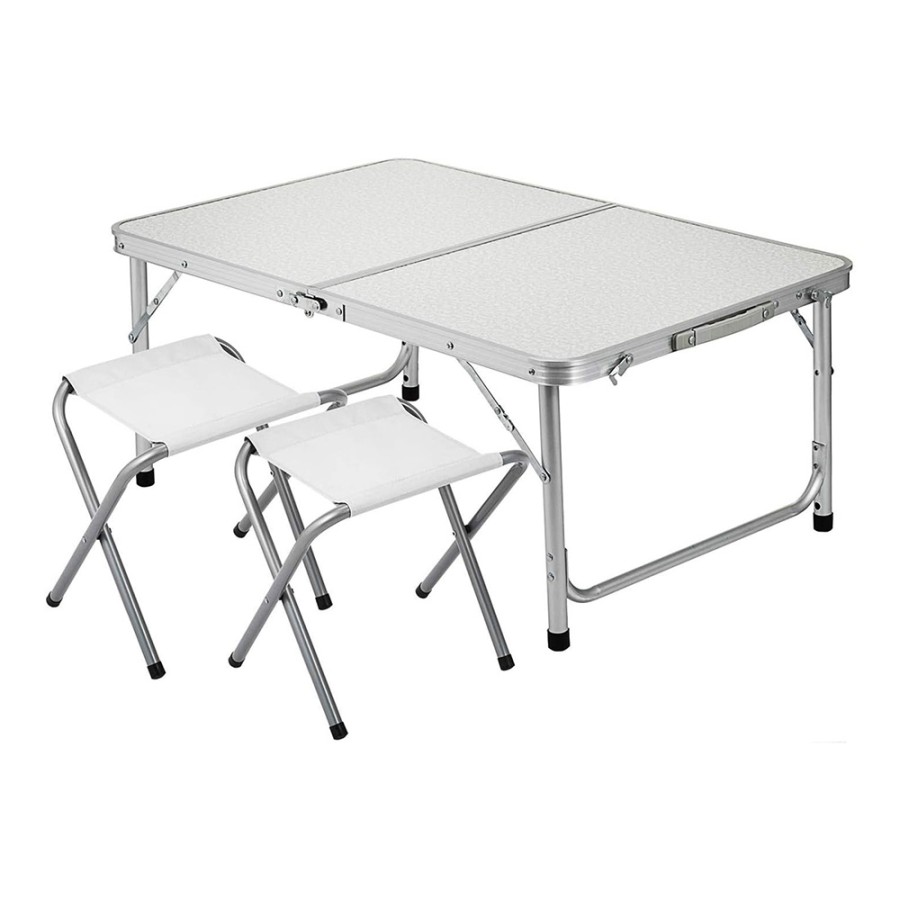 Aluminum Folding Picnic Table, with 2 Benches - White