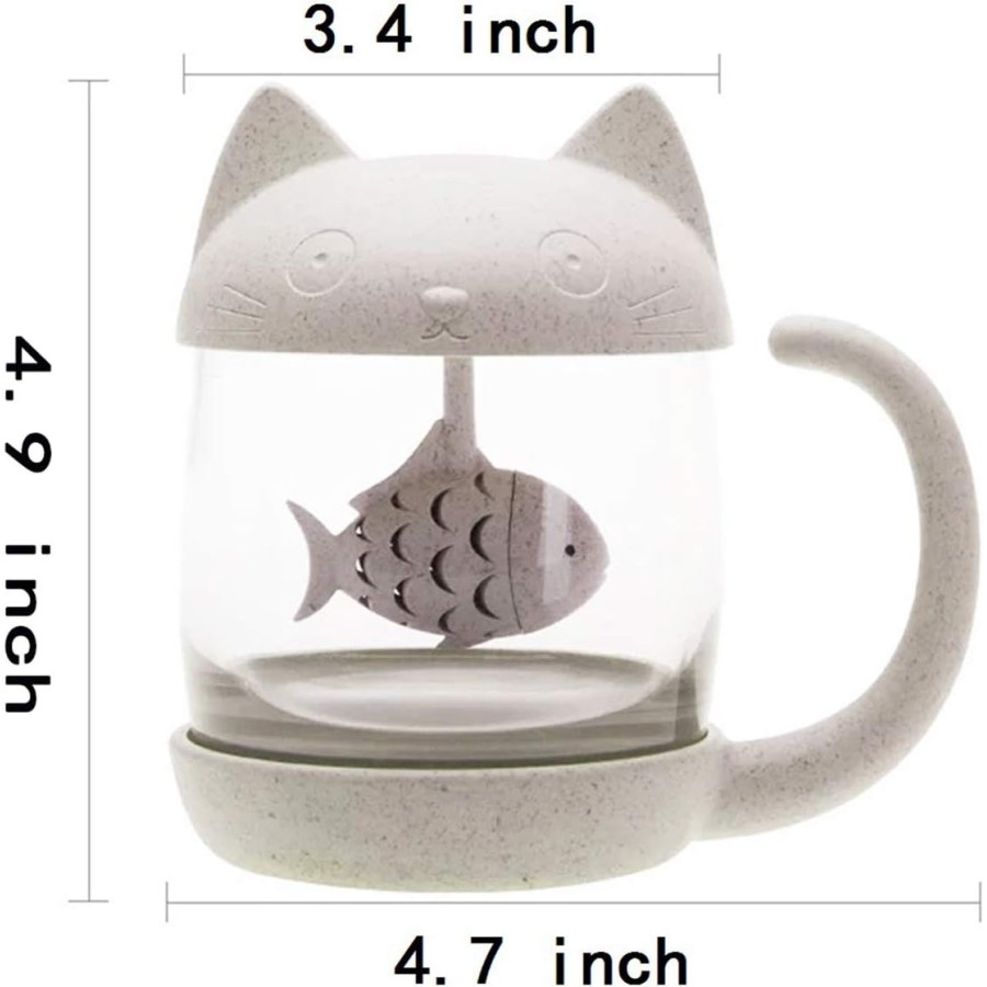 Cute Cat Glass Cup Tea Mug With Fish Tea Infuser Strainer Filter