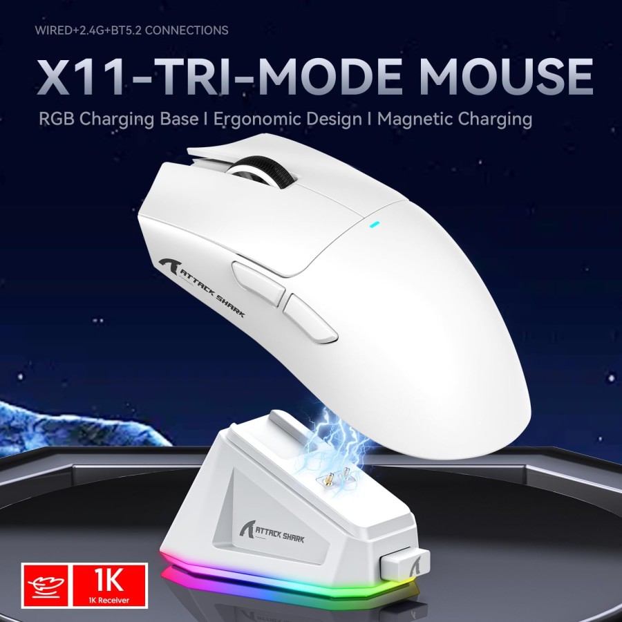 ATTACK SHARK X11 Gaming Mouse 22K DPI with Magnetic Charging Dock - White