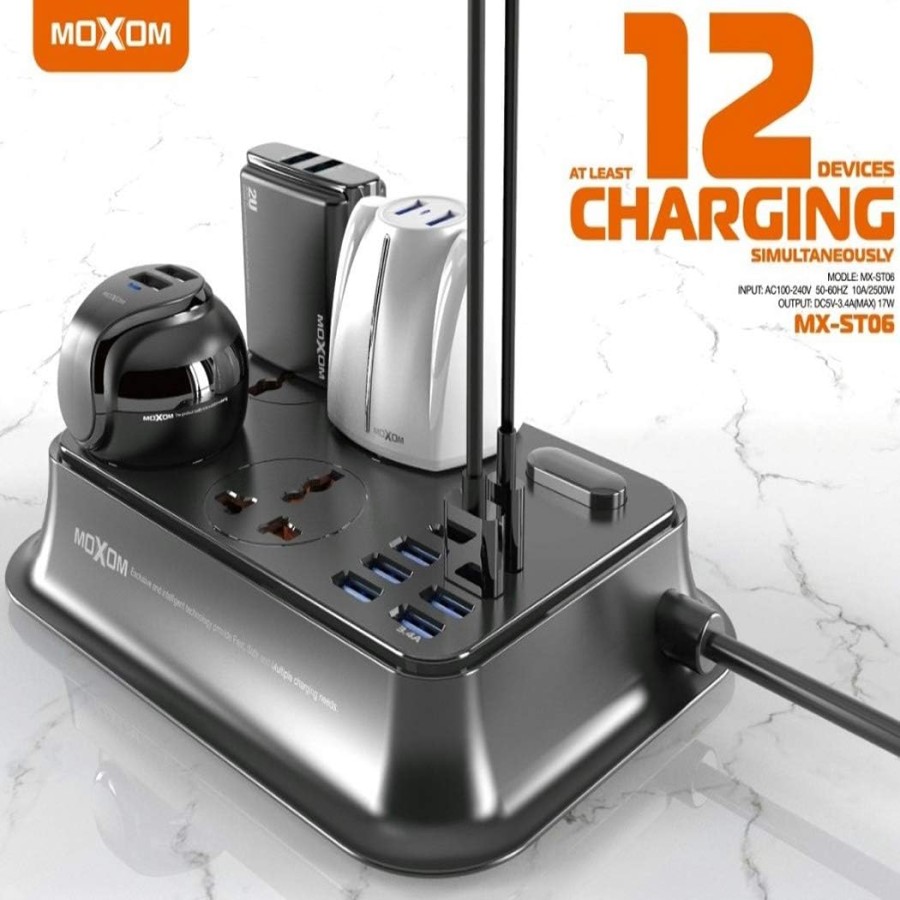 Moxom - Power Extension 2500W - 6 USB & 2 Type-C Fast Charger Output 3.4A