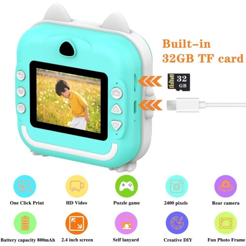 Kids Instant Print Camera Mini Thermal Printer 2.4Inch IPS Screen Child Camera 1080P