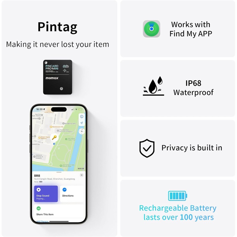 MOMAX PinCard Mini Rechargeable Find My Tracker BR8D