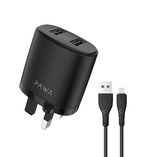 Pawa Solid Travel Charger Dual USB Port 2.4A With Lightning Cable (Black - White)