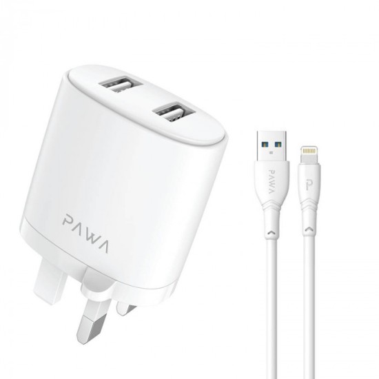 Pawa Solid Travel Charger Dual USB Port 2.4A With Lightning Cable (Black - White)