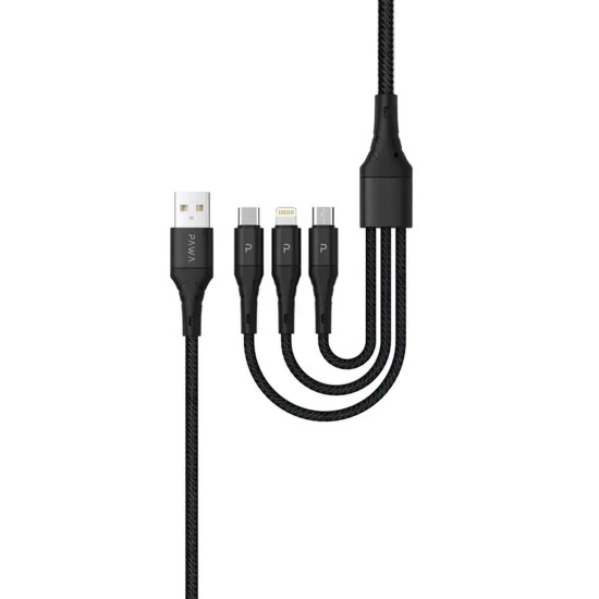 Pawa Nylon Braided 2.4A Data & Quick Charging 3in1 Cable 1.2m/4ft - Black