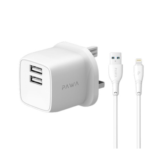 PAWA PocketMini Dual USB Travel Charger UK With USB-A to Lightning Cable - White