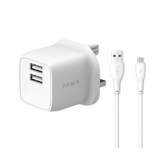 PAWA PocketMini Dual USB Travel Charger UK With USB-A to TypeC Cable - White