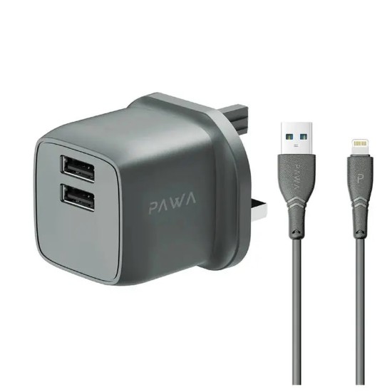 PAWA PocketMini Dual USB Travel Charger UK Standard USB-A to Lightning Cable - Gray