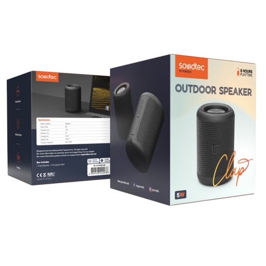 Porodo Soundtec Waterproof IP65 Portable Bluetooth Speaker - Black