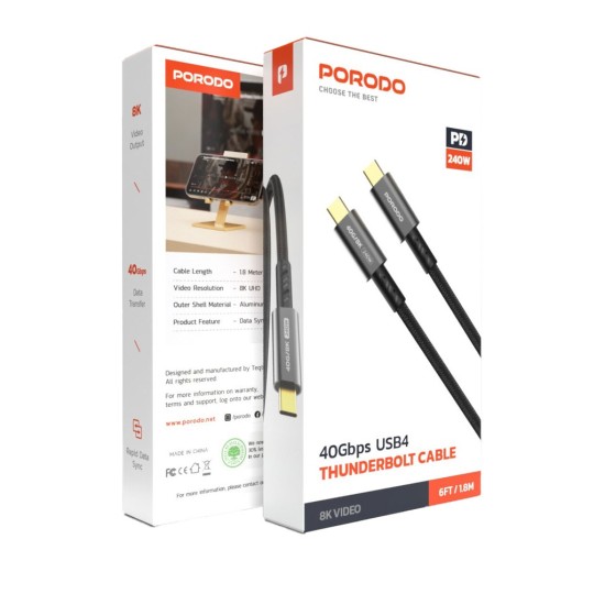 Porodo Woven TypeC-C Cable 240w 40gbps 8K 60hz - Black