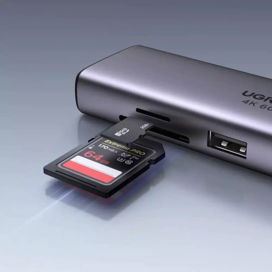 6in1 Adapter UGREEN CM512 USB-C to 2x USB + HDMI + USB-C + RJ45 + TF/SD grey