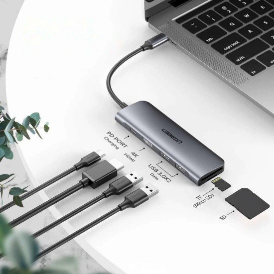 Adapter 6in1 UGREEN CM195 Hub USB-C to 2x USB 3.0, HDMI, SD/microSD, 100W grey