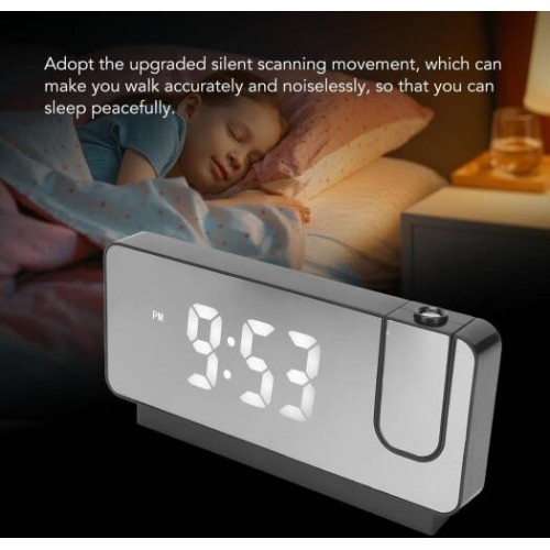 Mirror Clock and Alarm with Laser Projection of Time on the Wall - Black