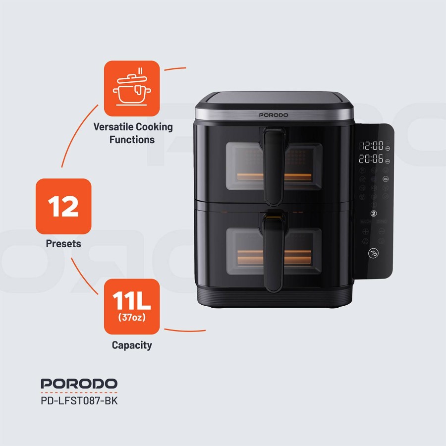 Porodo Lifestyle Double Stack Air Fryer with 12 Presets - Black