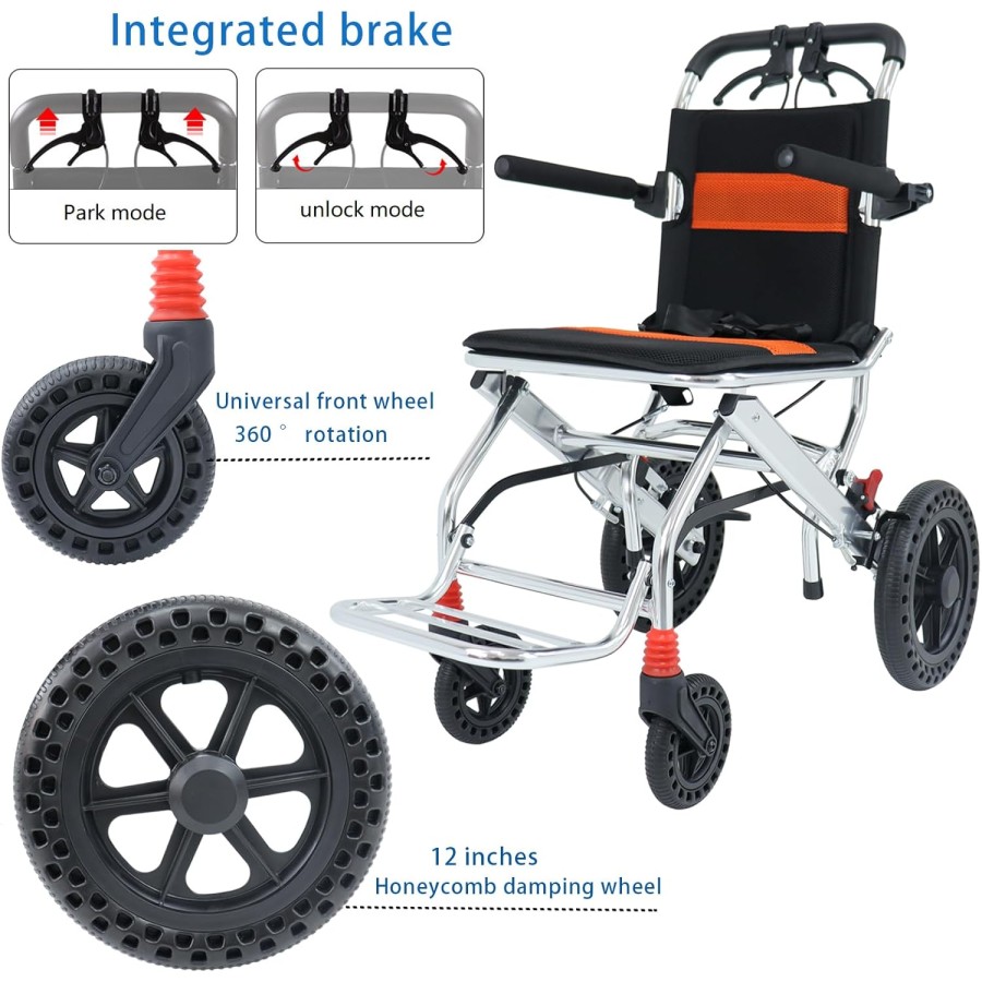 Elderly Portable Folding Wheelchair, Travel with Handbrake