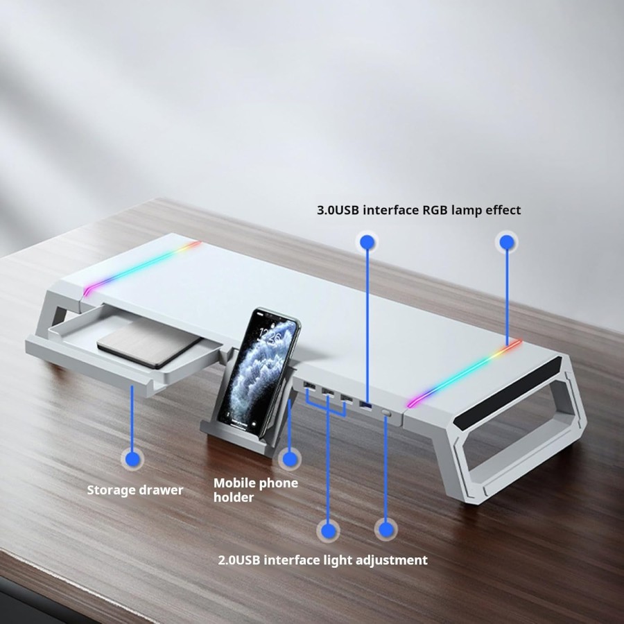 5 in 1 RGB Adjustable Gaming Desk Shelf with Drawer – For PC & Laptop - White 5 in 1 RGB Adjustable Gaming Desk Shelf with Drawer – For PC & Laptop - White
