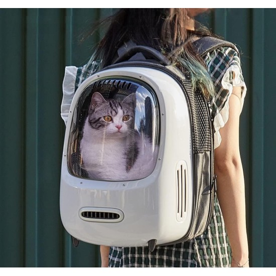Breezy Cat Carrier Backpack with Tinted Window, Ventilation, and Built-In Fan - White