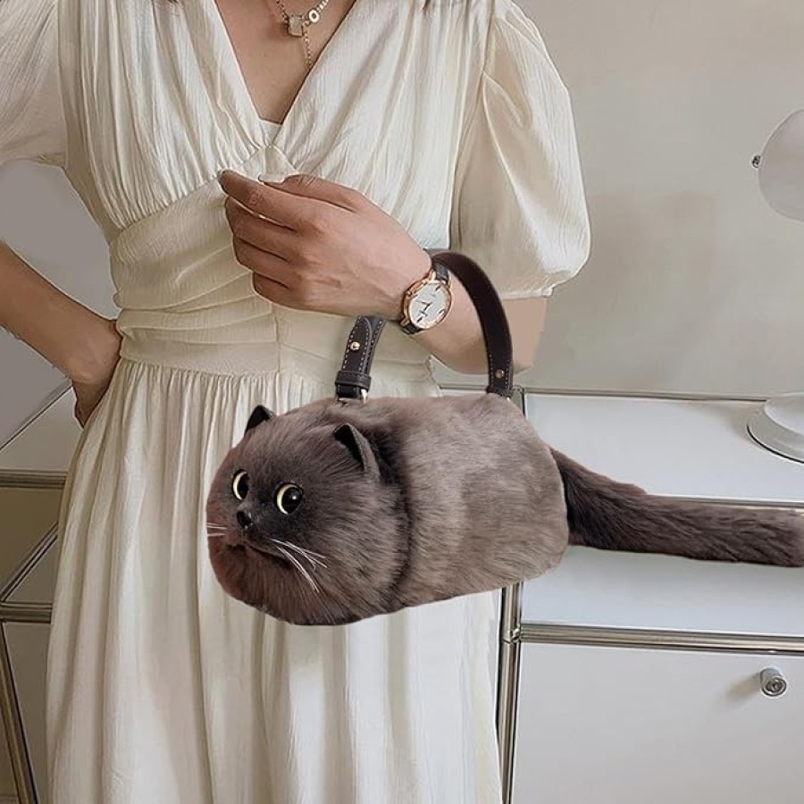 Fluffy Cat Shaped Handbag - Grey