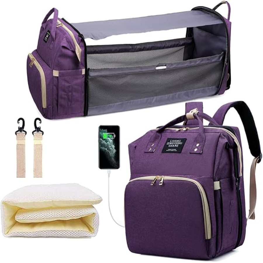 Large Capacity Diaper Bag Backpack - 6-in-1 Travel Bag for Parents - Purple