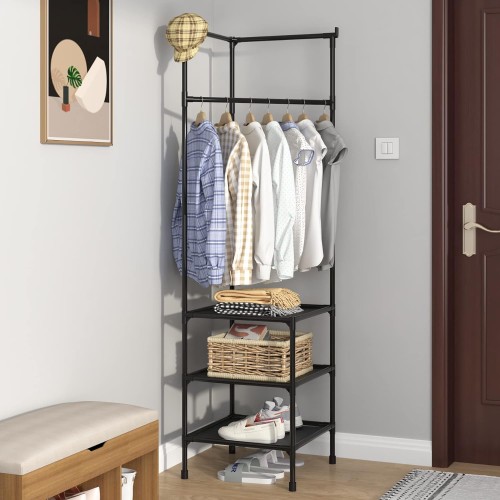 Corner Clothes Hanger with Three Multifunctional Fabric Storage Shelves