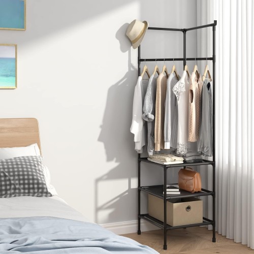 Corner Clothes Hanger with Three Multifunctional Fabric Storage Shelves