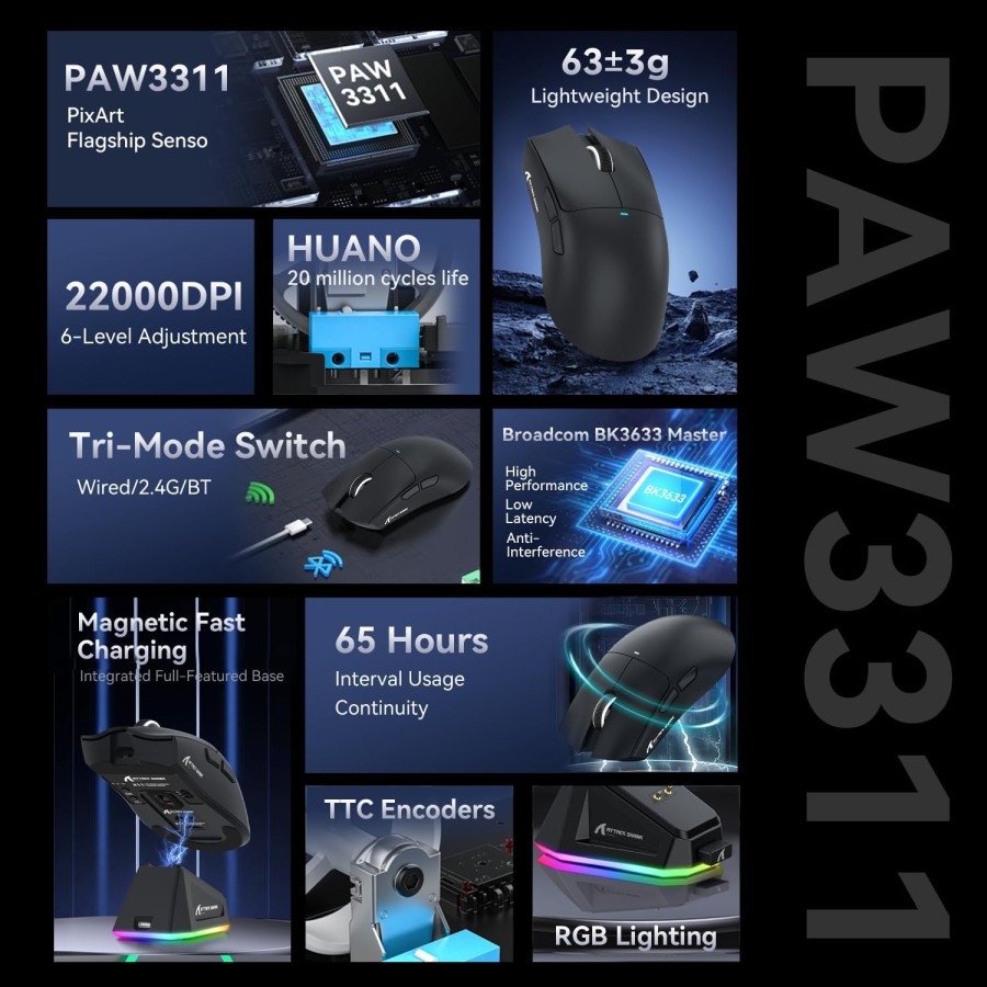 ATTACK SHARK X11 Gaming Mouse 22K DPI with Magnetic Charging Dock - Black