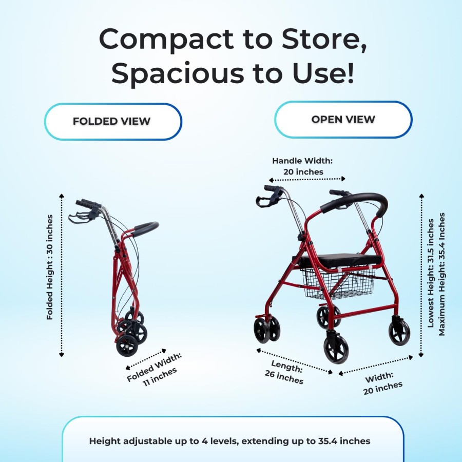 Elderly Foldable Mobility Walker with Seat Dual Brakes and Basket