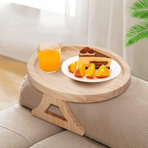 Wooden Sofa Armrest Tray Table Foldable - Round