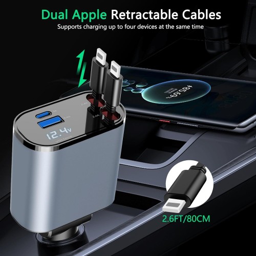 4 in1 Retractable Car Charger, Fast Car Phone Charger 66W