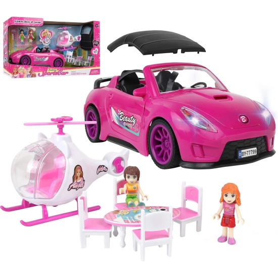 TeganPlay Doll Car Playset for Girls with Helicopter Dining Table Set 2 Figurines with Lights and Sounds