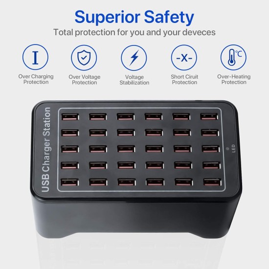 30-Port USB Charging Station for Smartphones, Tablets, and More 150W