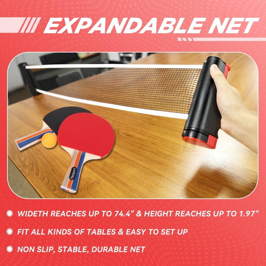 Table Tennis Set with 4 Rackets and 6 Balls With Retractable Net