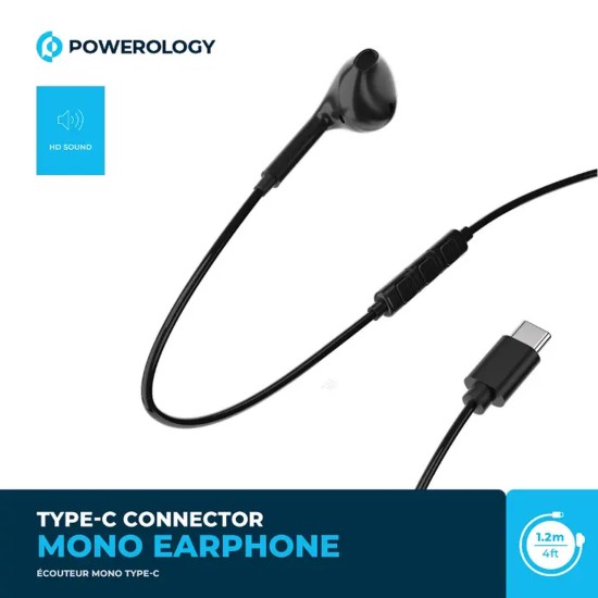 Powerology Mono USB-C Earphones 1.2M - Black