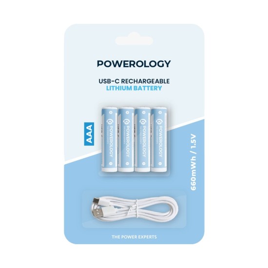 Powerology 1.5V Type-c Rechargeable Lithium-ion Battery AAA Battery 660mWh 4pcs per Pac