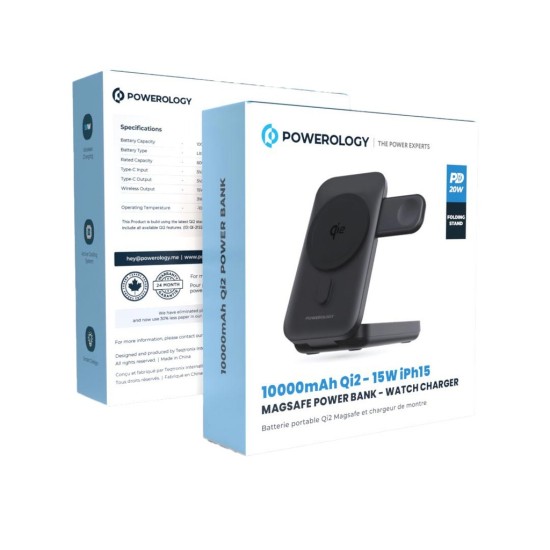 Powerology 10000mAh Qi2 - 15W iPh15 MagSafe Power Bank - Black