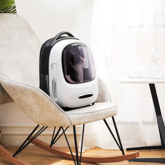 Breezy Cat Carrier Backpack with Tinted Window, Ventilation, and Built-In Fan - White