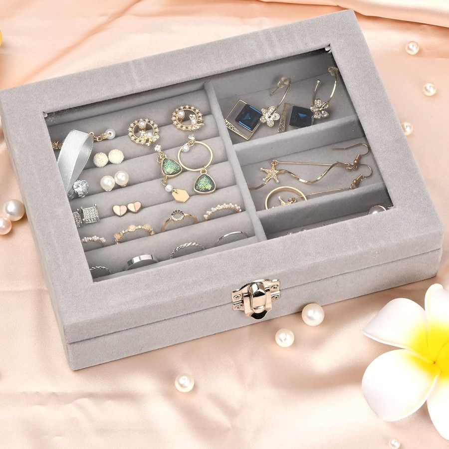  Velvet Jewellery Box Glass Lid Jewelry Display Case