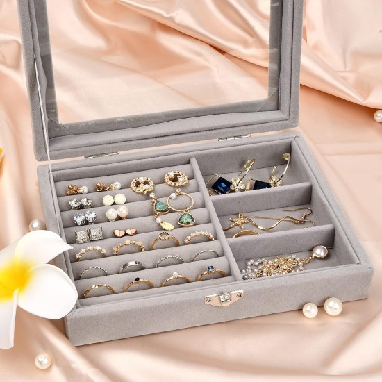  Velvet Jewellery Box Glass Lid Jewelry Display Case