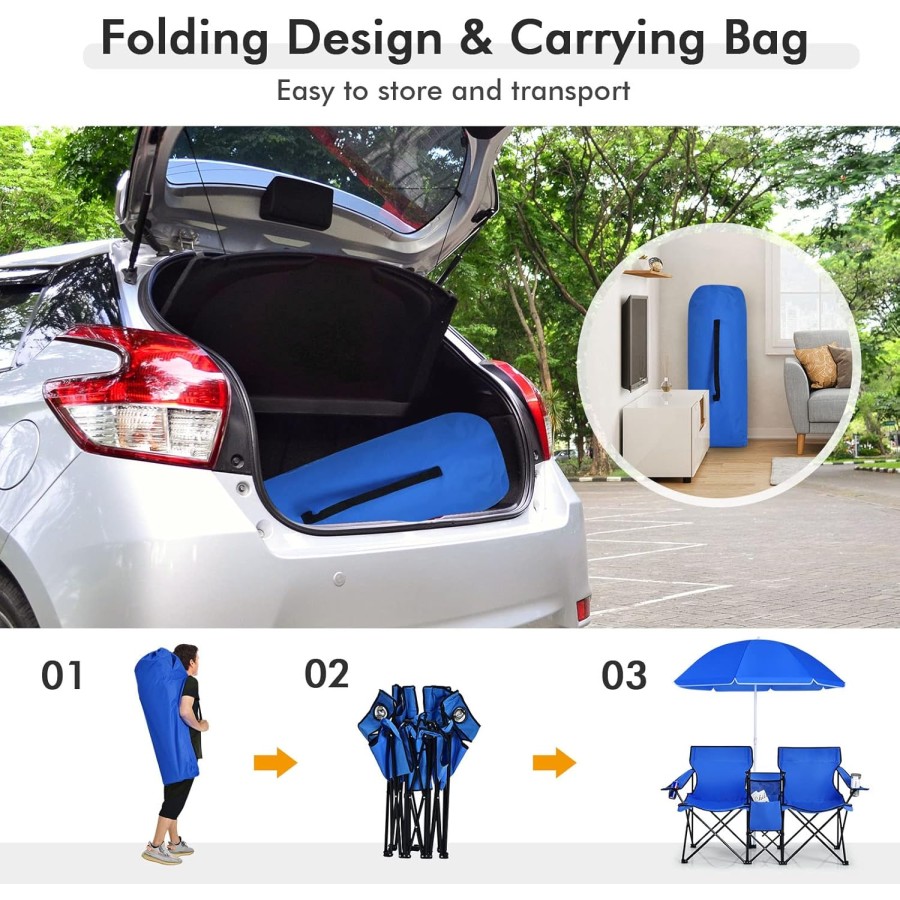 Portable Folding Picnic Double Chair W/Umbrella